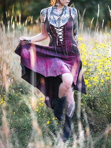 Frauen Vintage gefärbte Riemen unregelmäßigen Saum Kleid