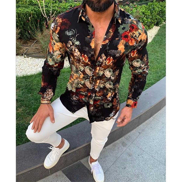 Camisa de hombre de manga larga con estampados de algodón y lino.