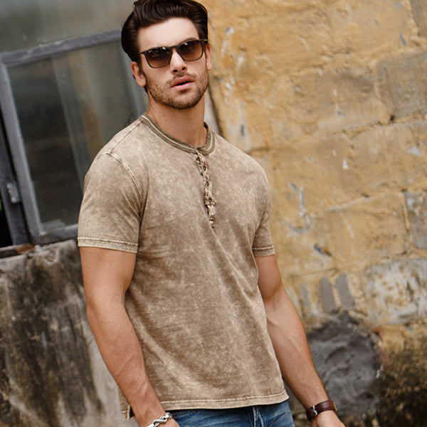 Herren Retro Mode Rundhals-Knopf Kurzarm T-Shirt