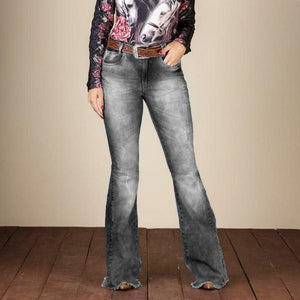 Jeans acampanados elásticos bordados, rotos, lavados y lavados