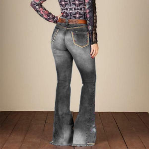 Jeans acampanados elásticos bordados, rotos, lavados y lavados