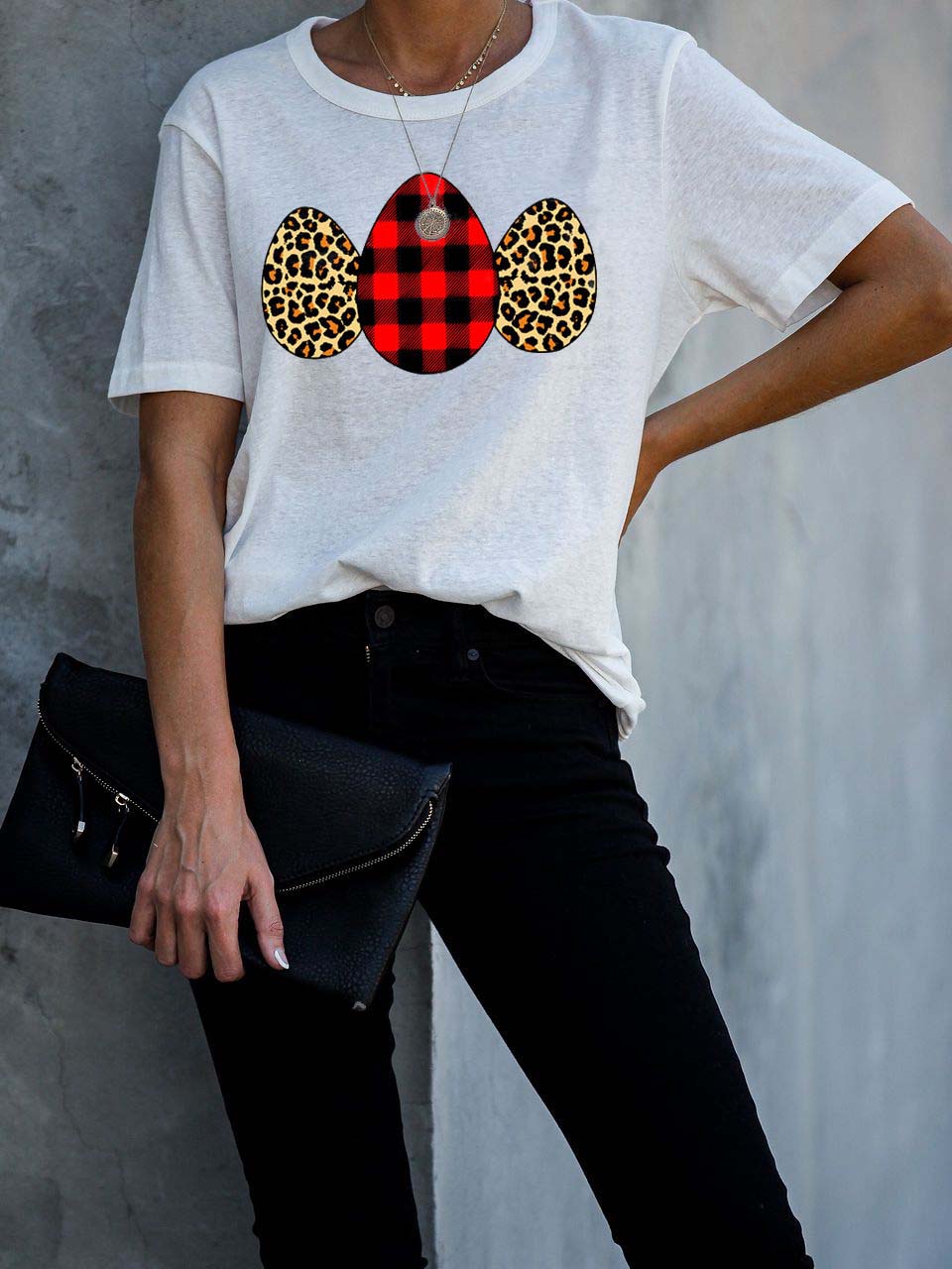 Frauen Leopard Plaid Osterei Egg Print Kurzarm T-Shirt