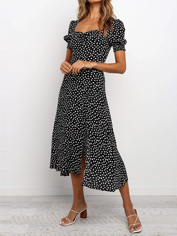 Quadratischer Hals Polka Dot Split Midi Kleid