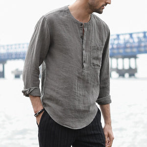 Men&#39;s summer vintage solid color round neck long sleeve long sleeve breathable linen shirt