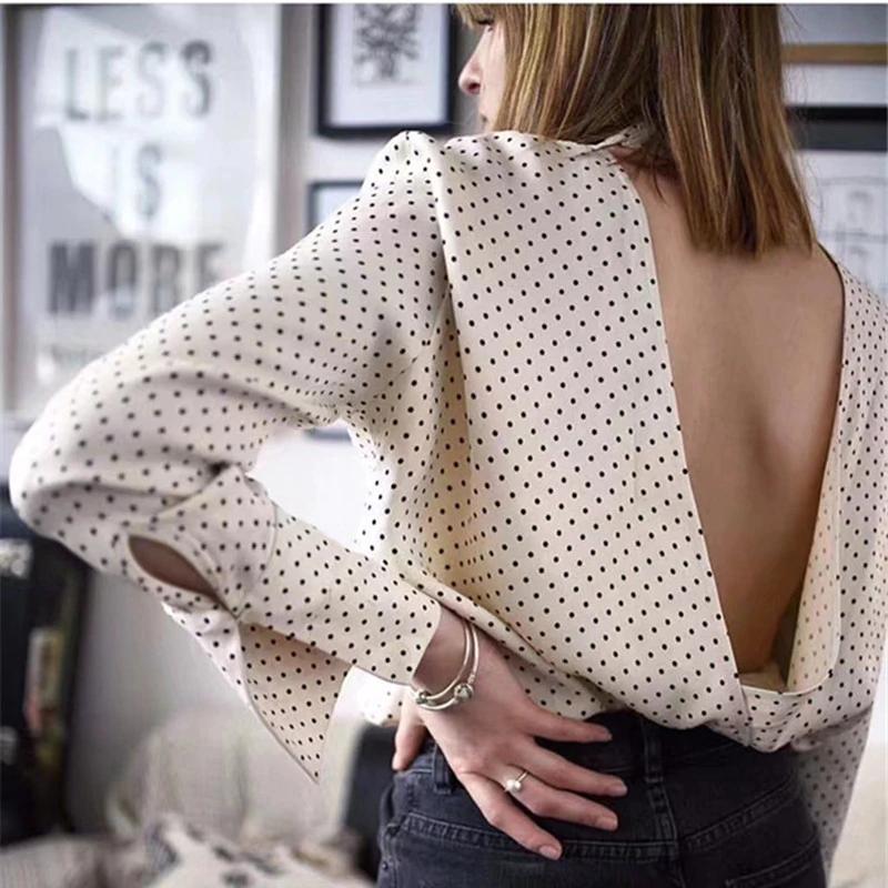 Blusas de lunares sin espalda con cuello redondo y espalda abierta de manga larga vintage