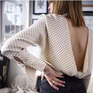 Blusas de lunares sin espalda con cuello redondo y espalda abierta de manga larga vintage