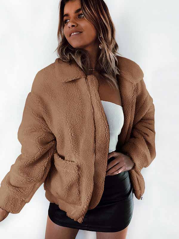 Bolsillo de otoño invierno con cremallera de manga larga chaqueta de felpa