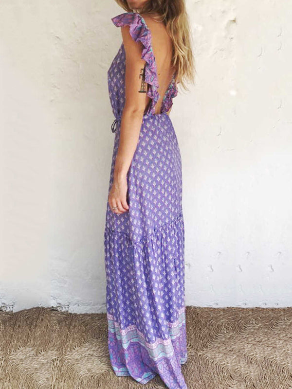 Rückenloses Boho-Maxikleid mit Rüschenärmeln
