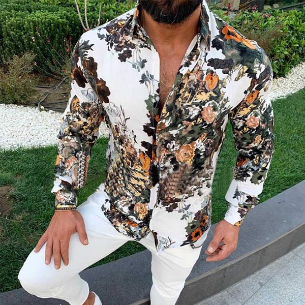 Camisa de hombre de manga larga con estampados de algodón y lino.