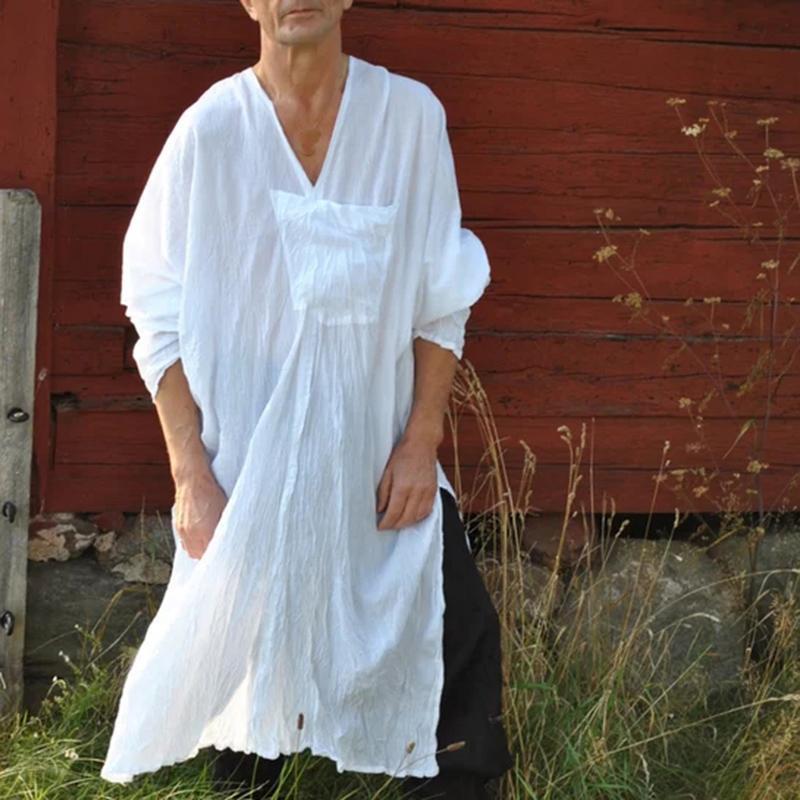 Camisa de lino liviana urbana con cuello en V y manga larga suelta urbana para hombre