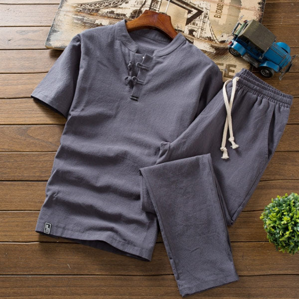 Einfarbiger Kurzarmhosenanzug aus Retro-Baumwolle und Leinen für Herren