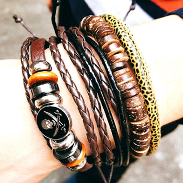 Pulsera simple de calavera de piel de vaca de tela retro para hombres