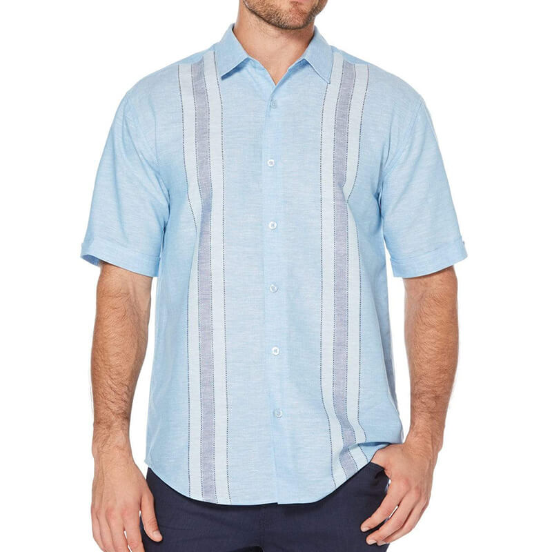 Herren Wide Striped Summer Cool Bequeme Kurzarm-Baumwoll-Leinenhemden